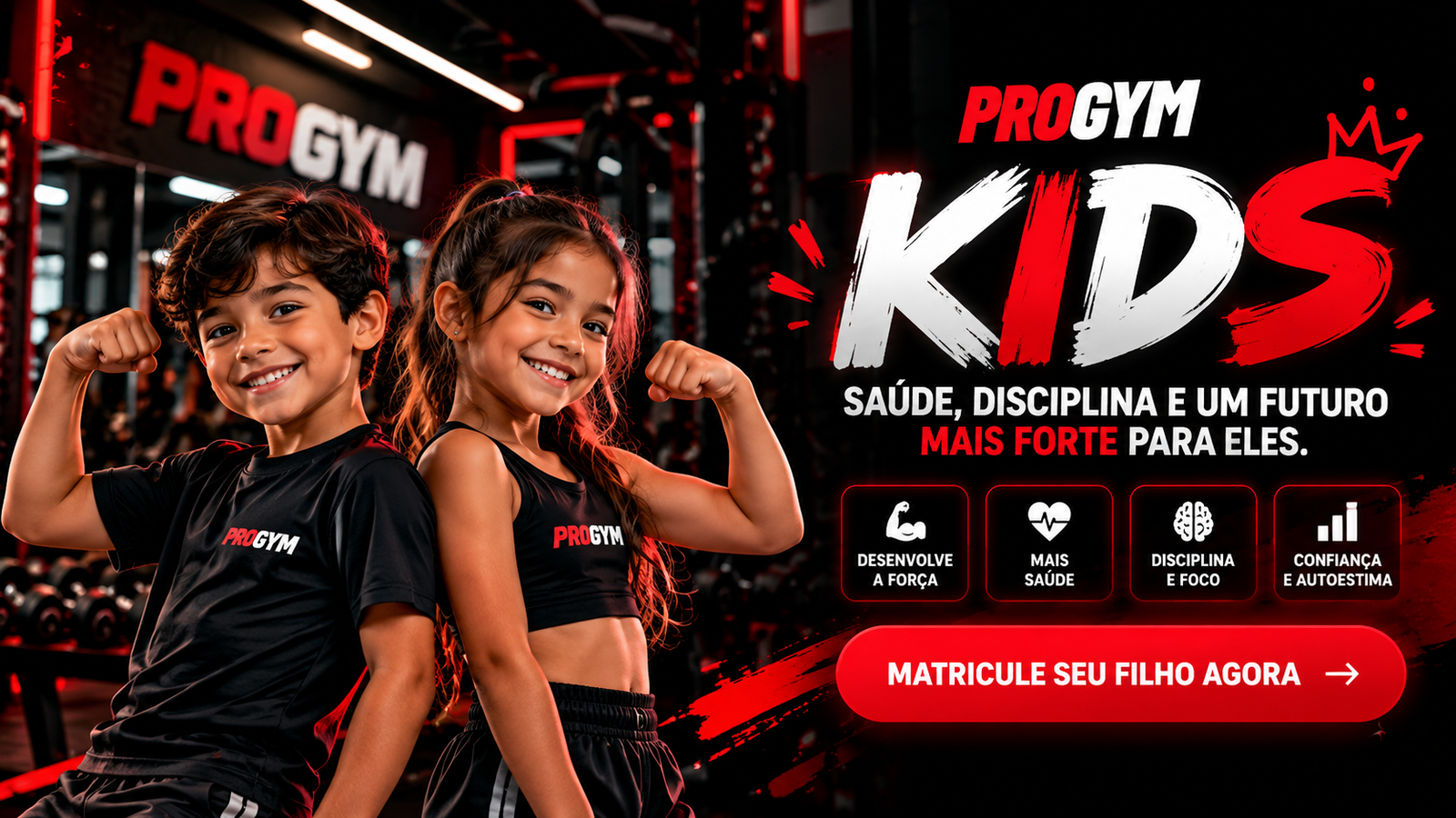 Banner PROGYM Kids com chamada para matrícula infantil